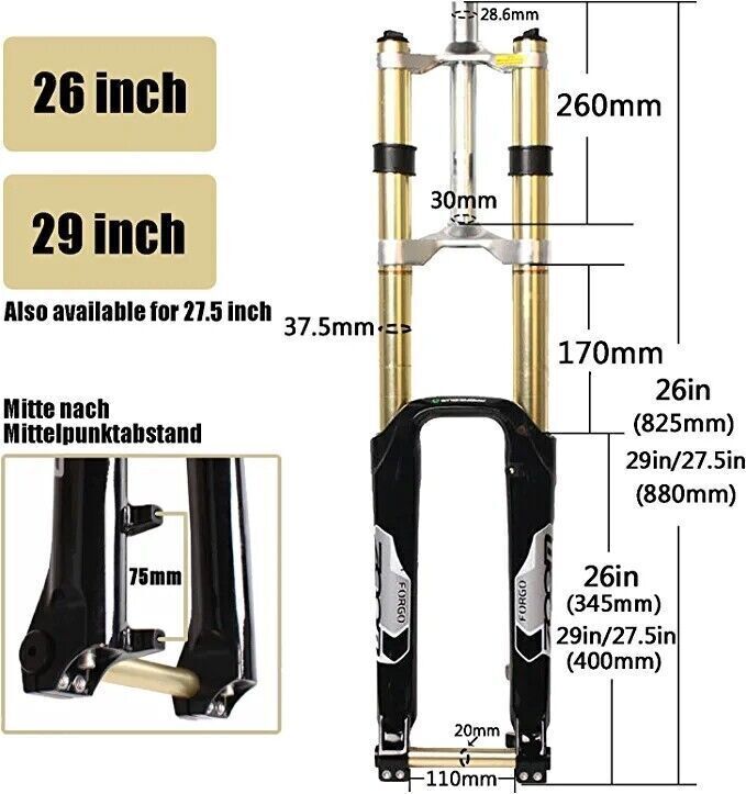 Downhill 26/27.5/29″ MTB Bike Suspension Fork 110*20mm Thru Axle Lockout Disc US