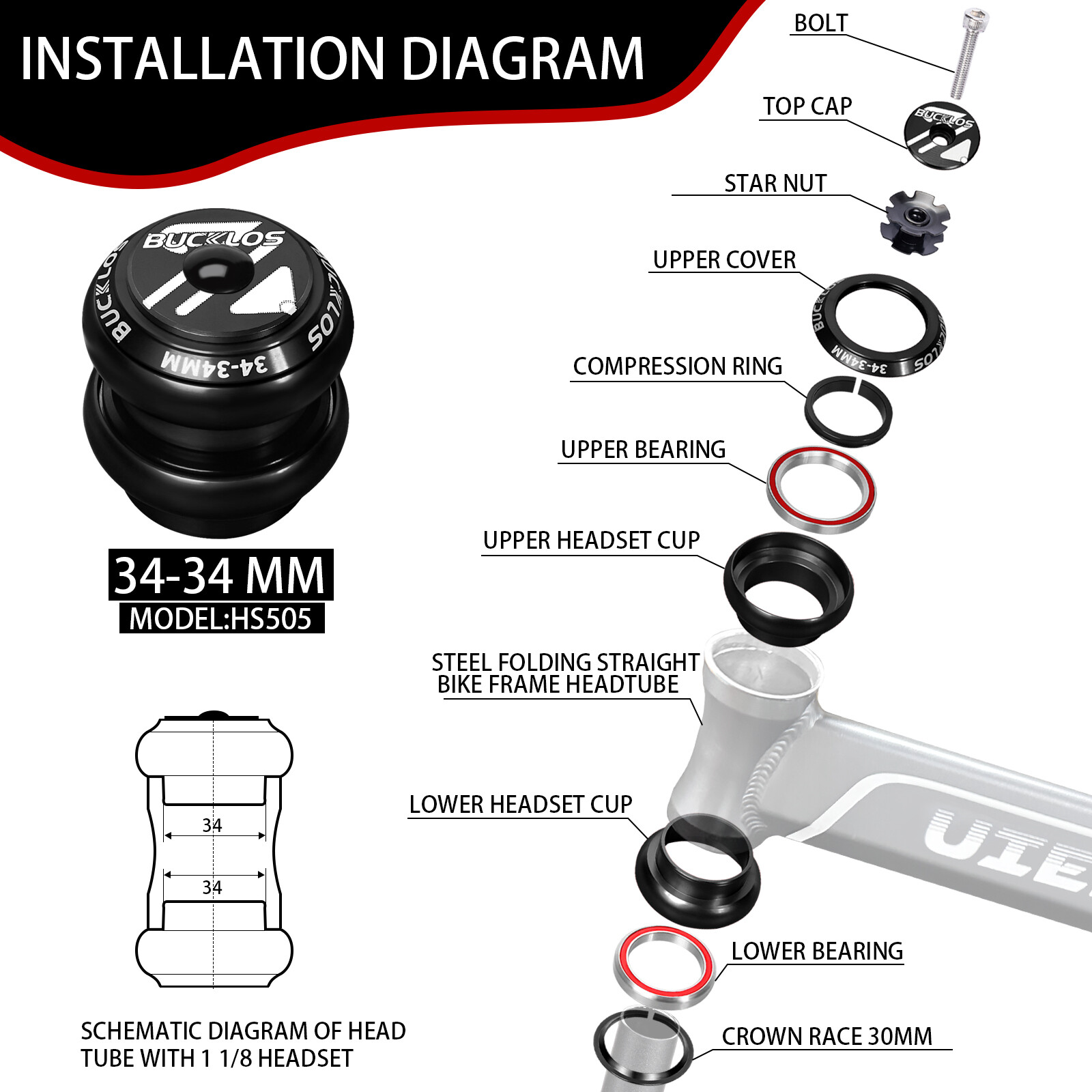 34mm 1-1/8″ Threadless Headset MTB Road Bike Sealed External Bearing Bicycle Kit