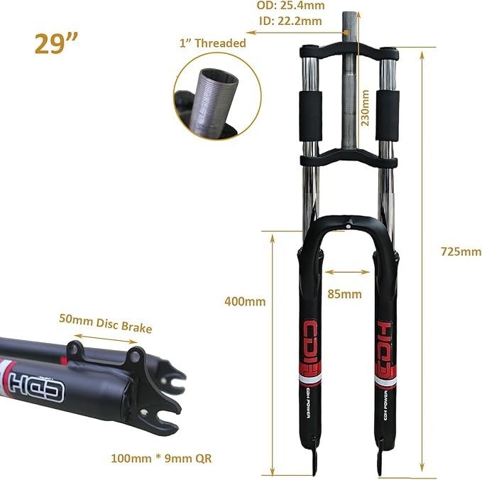 29″ Suspension Fork 1″ Threaded 25.4mm Straight Tube Disc Brake Double Shoulder