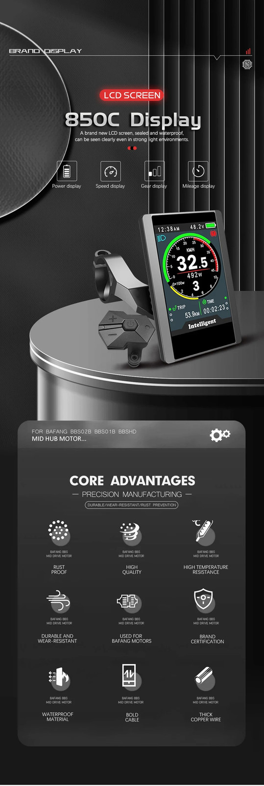 E-bike 850C Display Computer Waterproof for Electirc Bike Mid-drive Motor