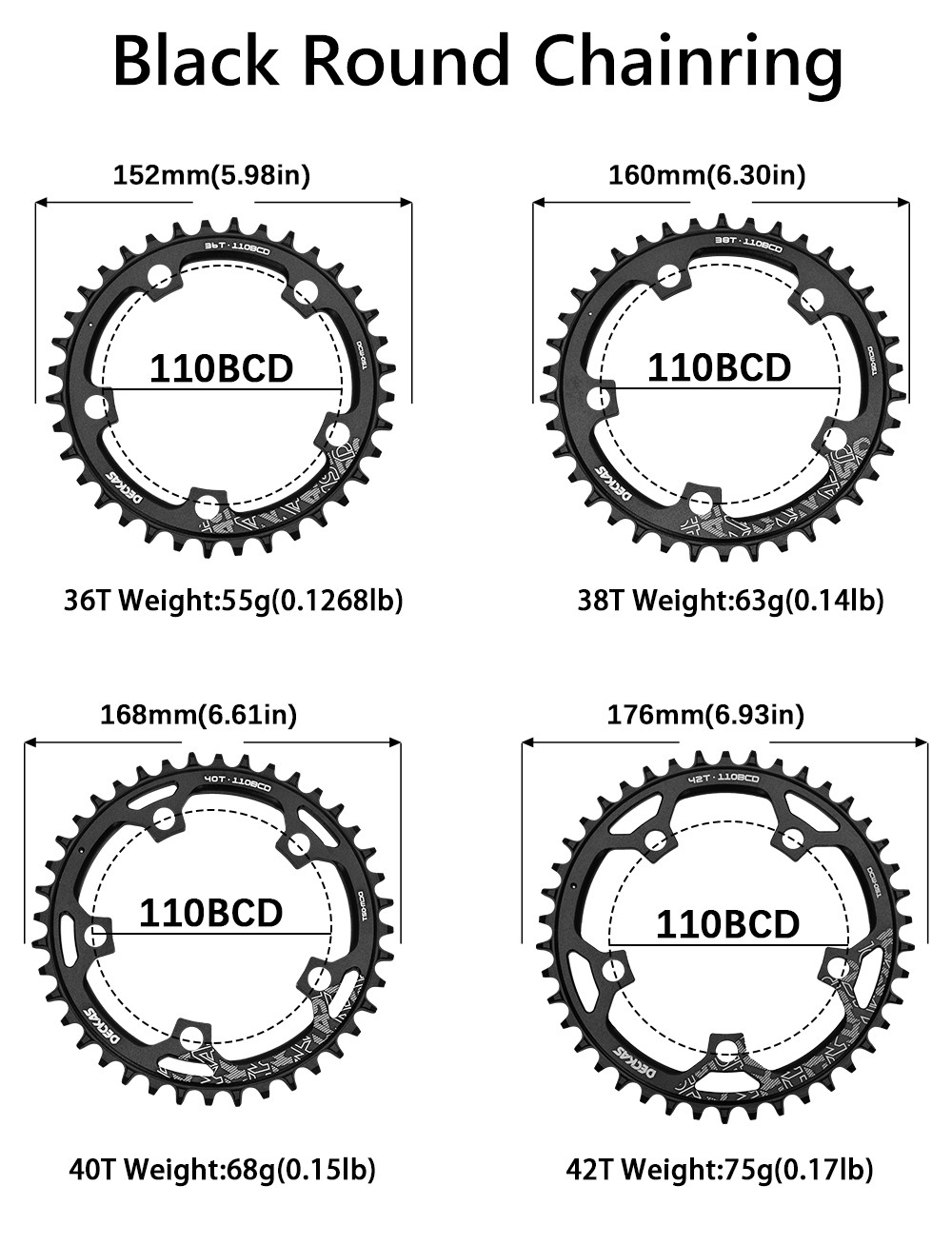 36-52T Bicycle Chainring 110 BCD Single Round Wide Narrow Teeth Chain Ring 5 Arm
