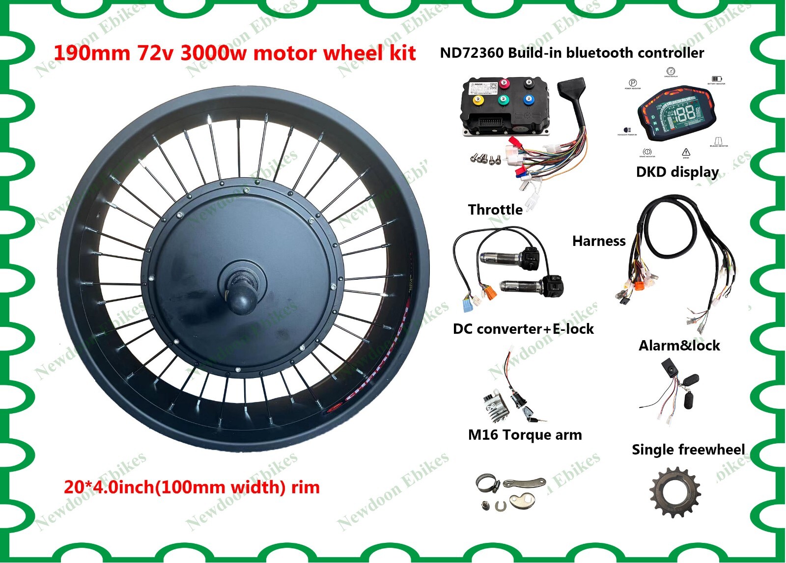 190mm 3000W 20*4.0INCH motor wheel match with Fardriver ND72360 controller kit.