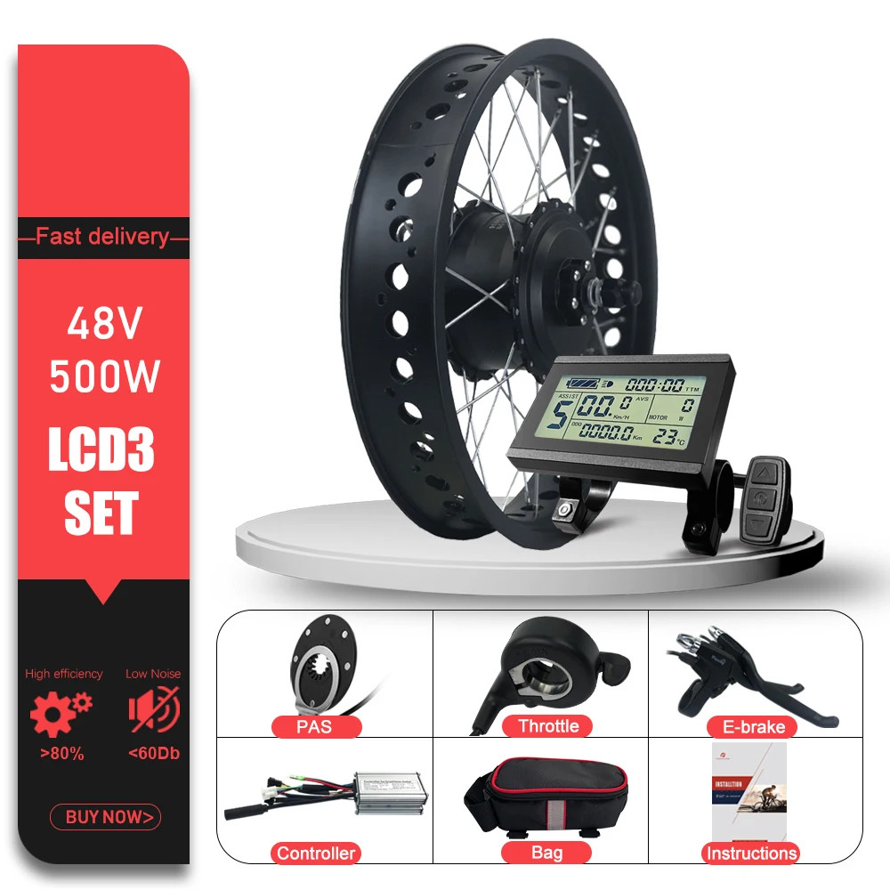 Snow E-bike Fat Tire Conversion Kit 36V 48V 500W Front Brushless Hub Motor Wheel
