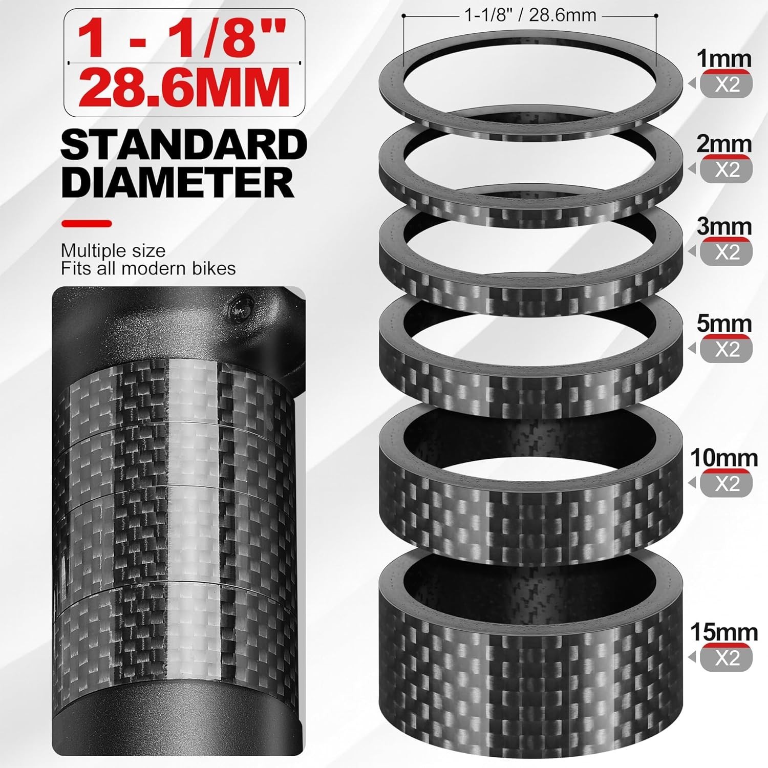 Carbon Fiber Bike Headset Spacers – 12 PCS Stem Spacers for 1 1/8″ Tubes