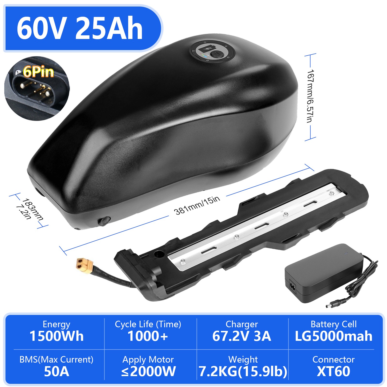 Ebike battery 2000W 60V 25Ah Lithium Rechargeable Batteries for Electric Bicycle