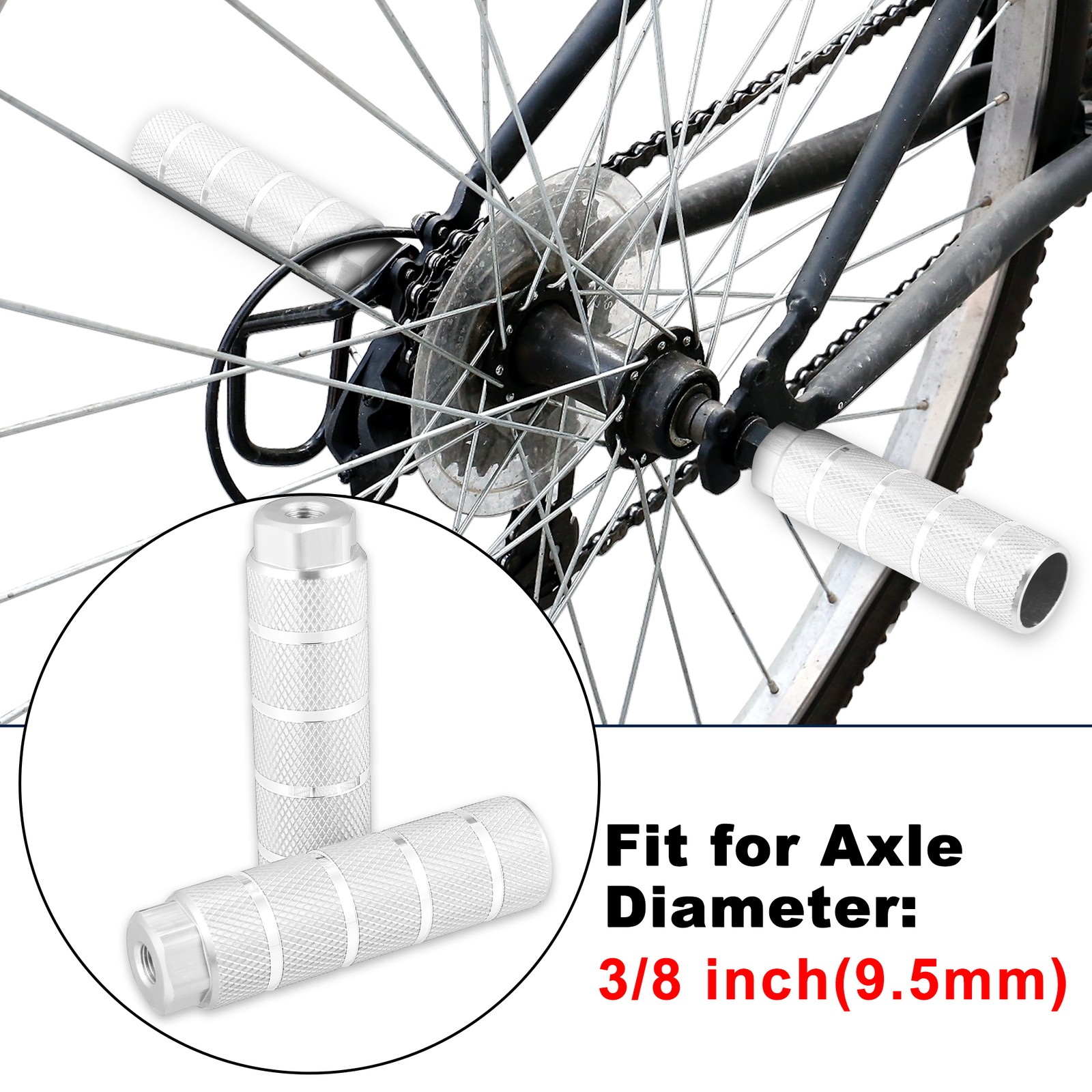 4 Pcs Aluminum Alloy BMX MTB Bike Rear Foot Peg Silver Tone Fit 3/8 Inch Axle