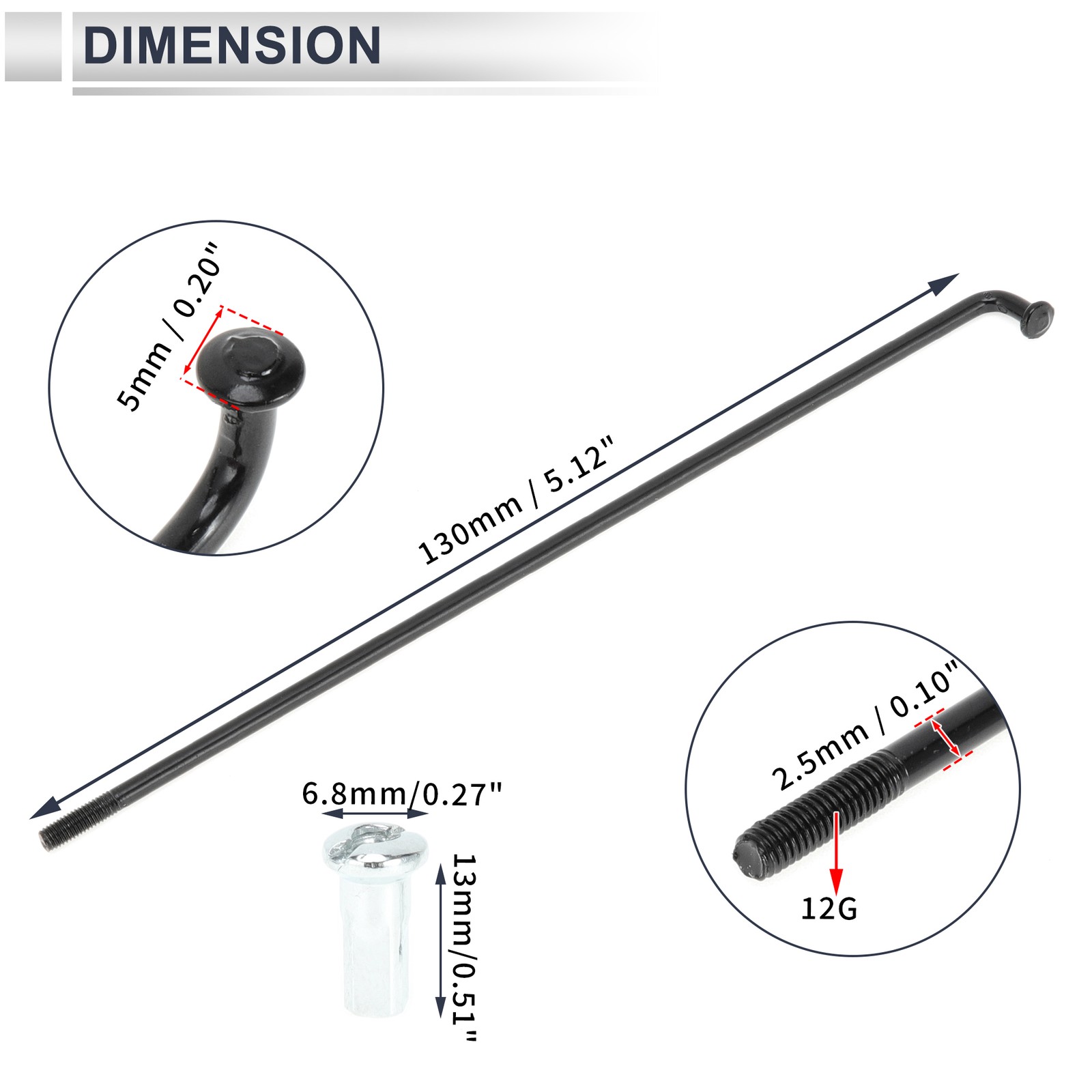 1 Set 12G 130mm Length Bicycle Spokes Nipple Carbon Steel Black Universal