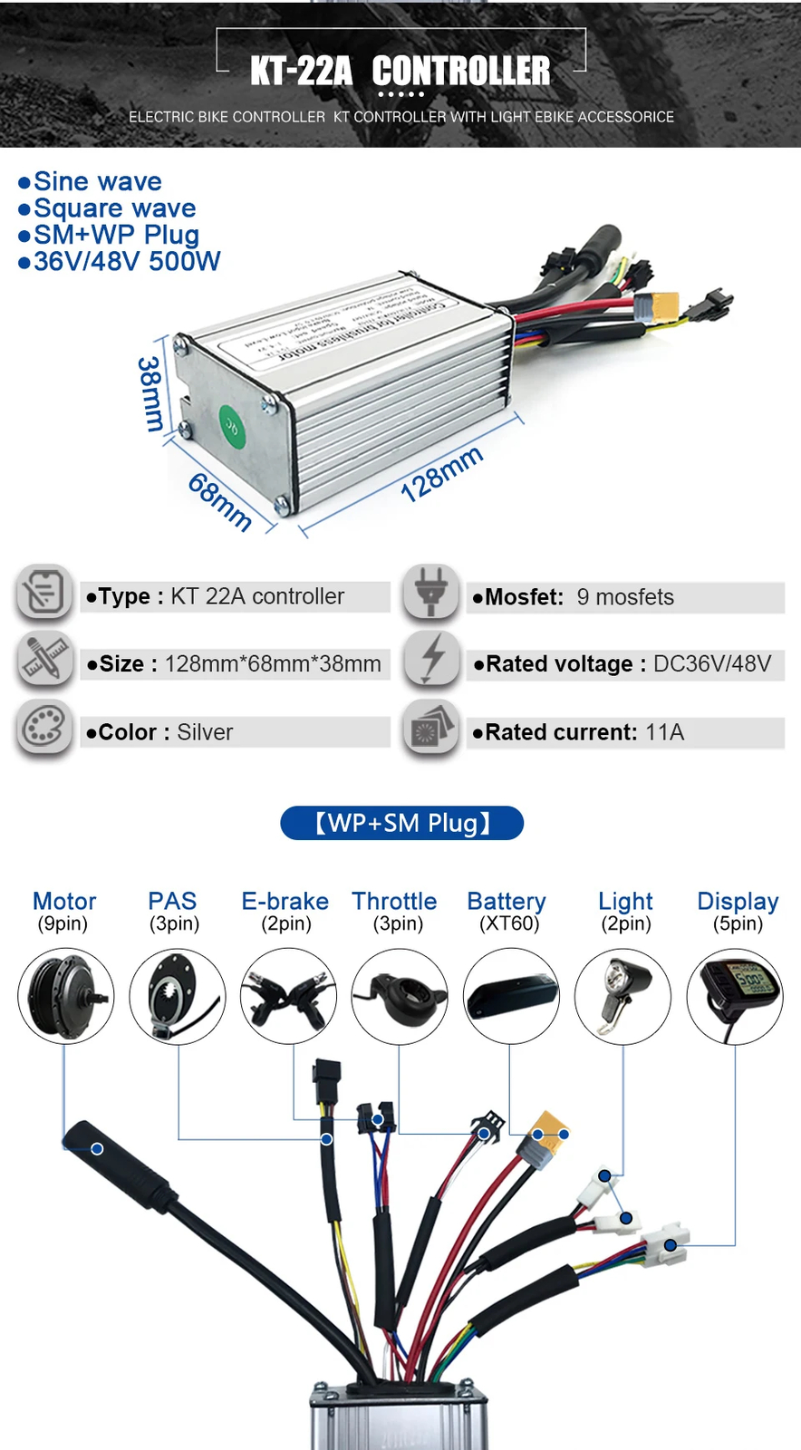 E-bike Controller 36V 48V 250W-750W Squarewave/Sinewave Controller 15A-25A