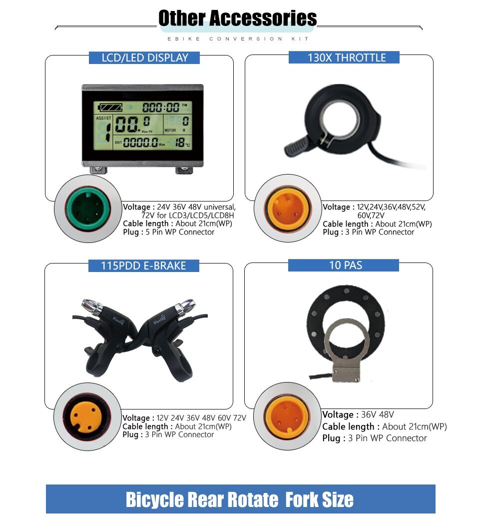 Electric Bike Conversion Kit Rear Rotate Hub Motor 36V/48V 250W Waterproof Plug