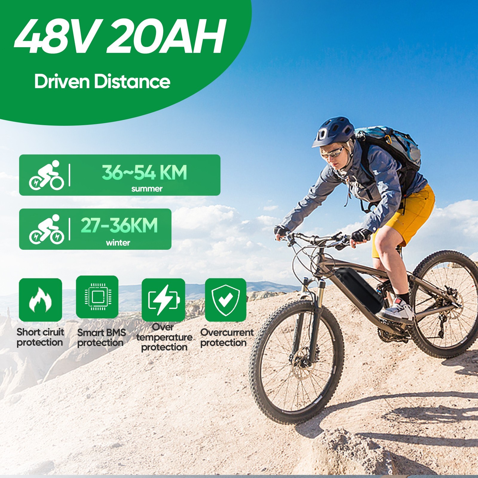 52V 48V 36V 10AH/15AH/20AH eBike Lithium Battery for Bicycle 0-2000W Motor 5-PIN