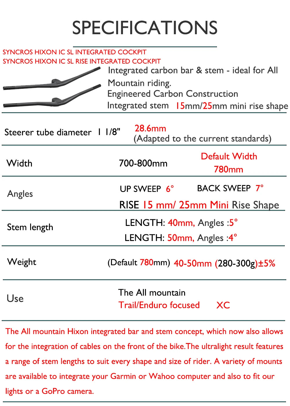 -25°/15° Full Carbon FRASER IC SL WC MTB 780mm Integrated Handlebar with Stem