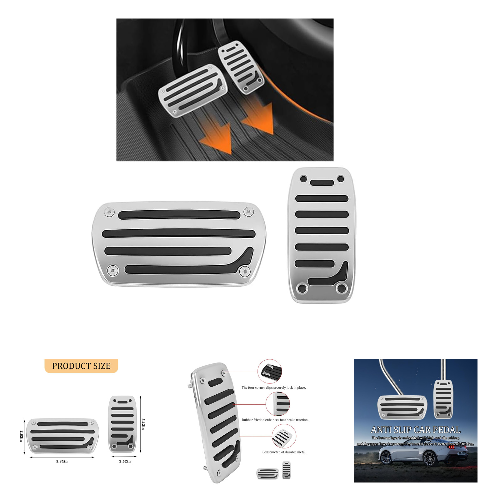 2PCS Car Pedal Covers Non-Slip Metal ABS Rubber Grip Kit for Automatic
