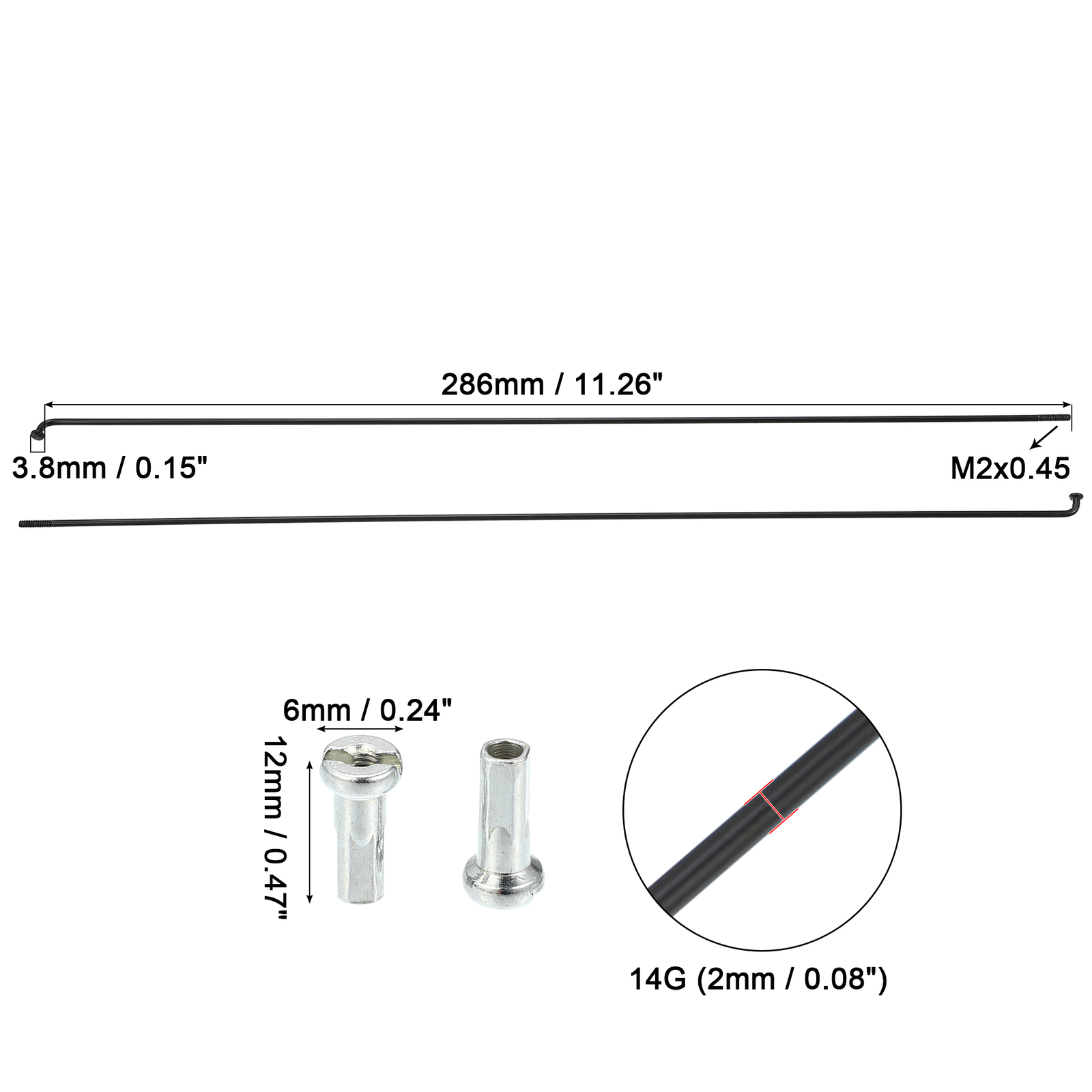 Universal Piece of 12 14G J Bend 286mm x 2mm Bike Bicycle Spokes