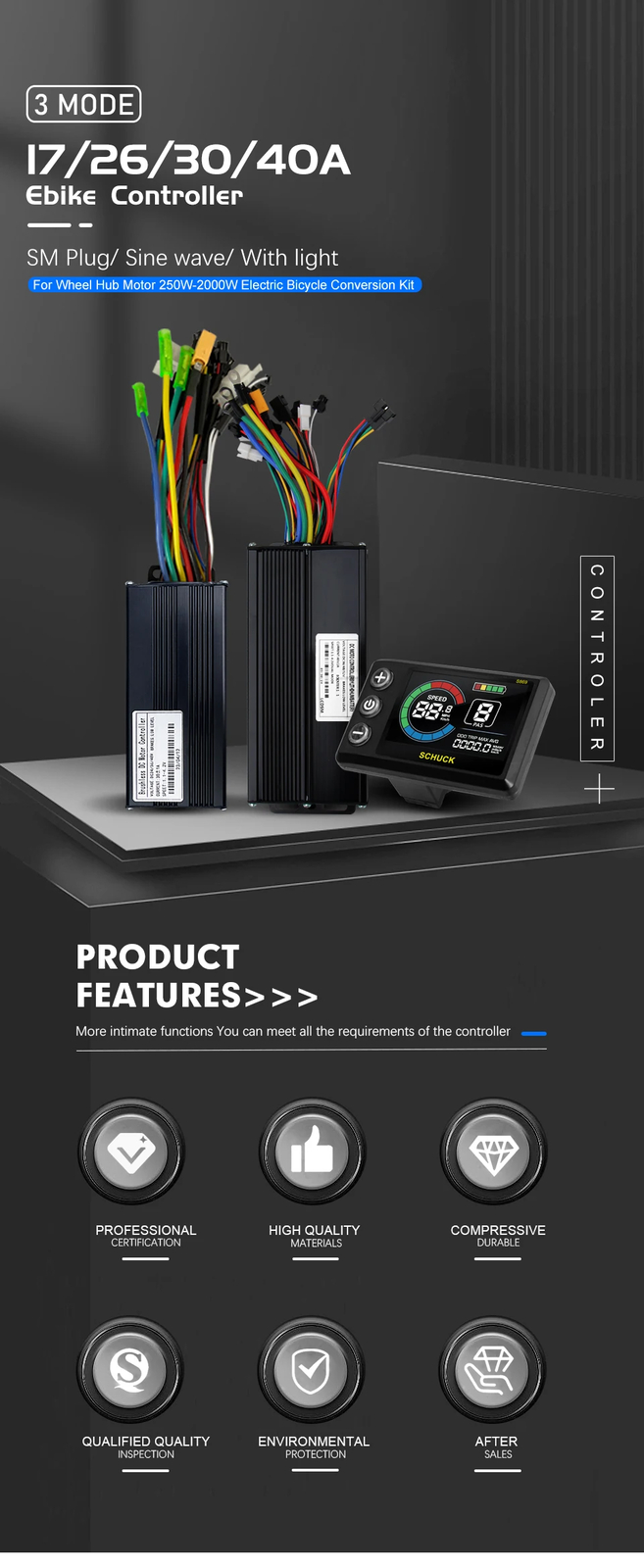 E-bike Sine Wave Controller 36V/48V 17A 26A 30A 40A Three-Mode 250W-1000W Motor
