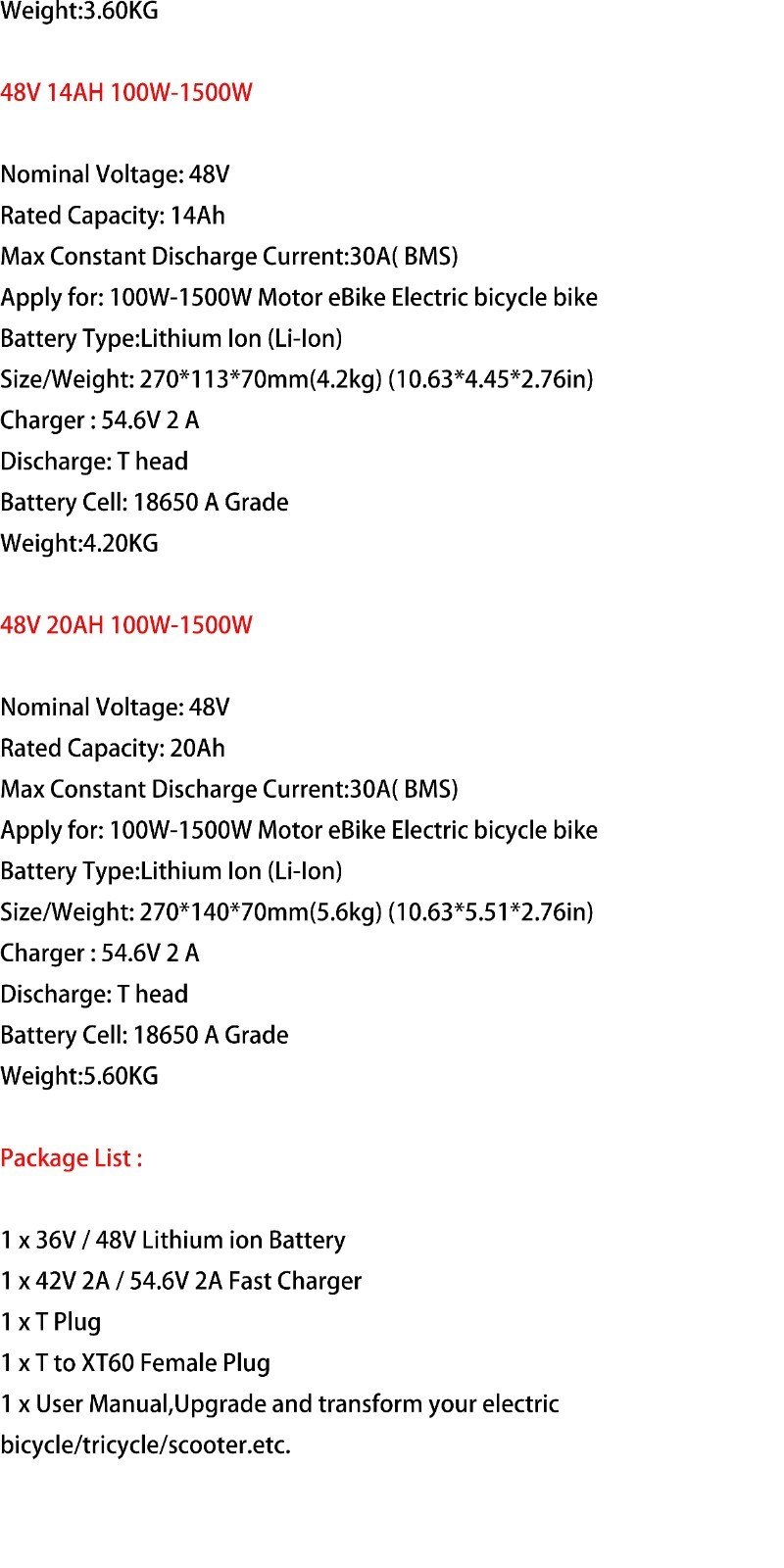 48V 8Ah 10Ah 14Ah 20Ah Lithium Batetry for 20W-1200W Electric Bike Ebike Scooter