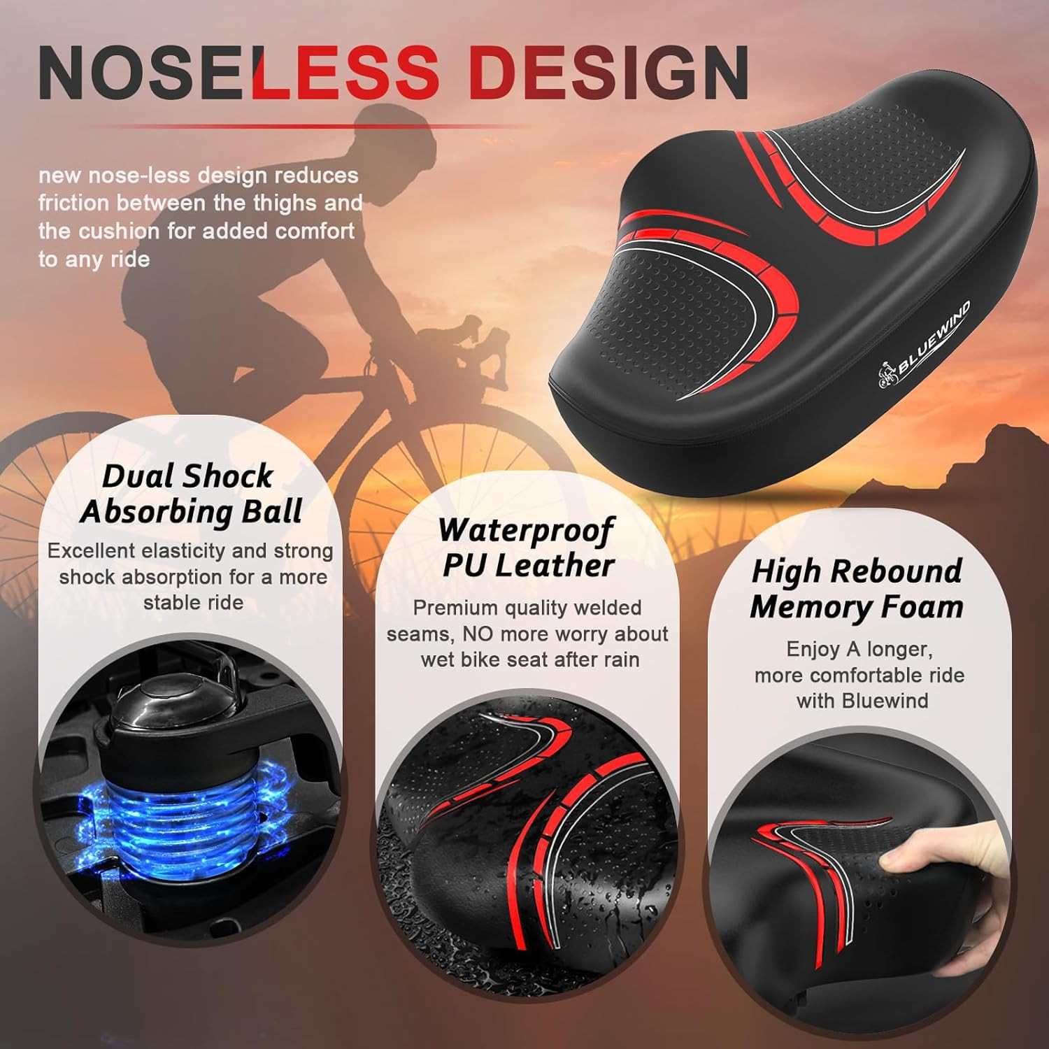 New Noseless Oversized Bike Seat, Wide Bicycle Saddle Novel Backrest Design for