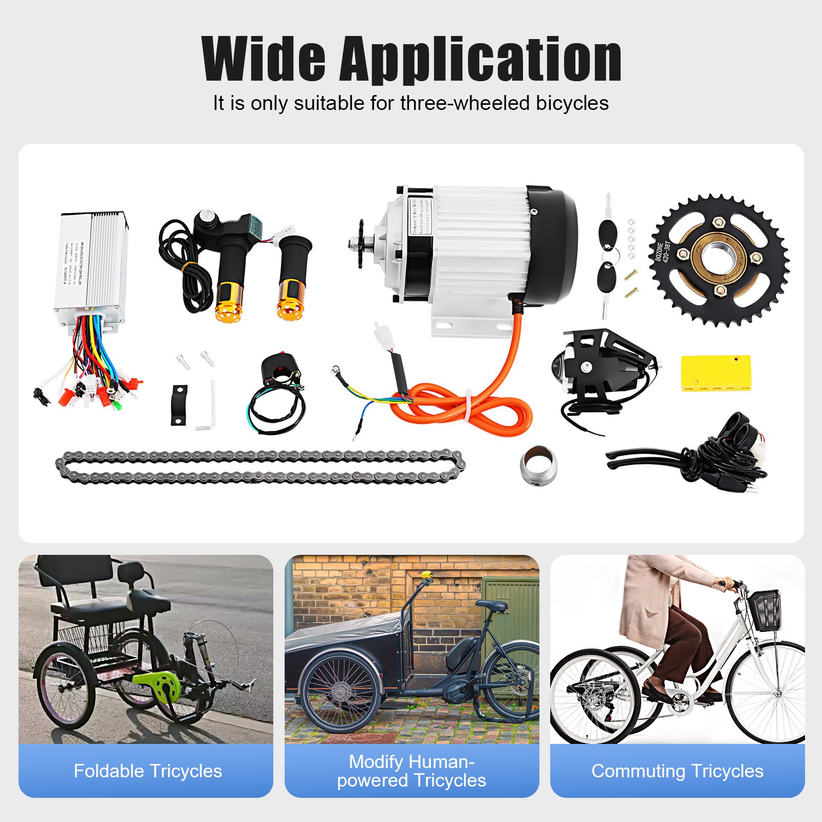 New 48V 750W Electric 3-wheel Bike Brushless Motor Kit For Adults Tricycle Trike