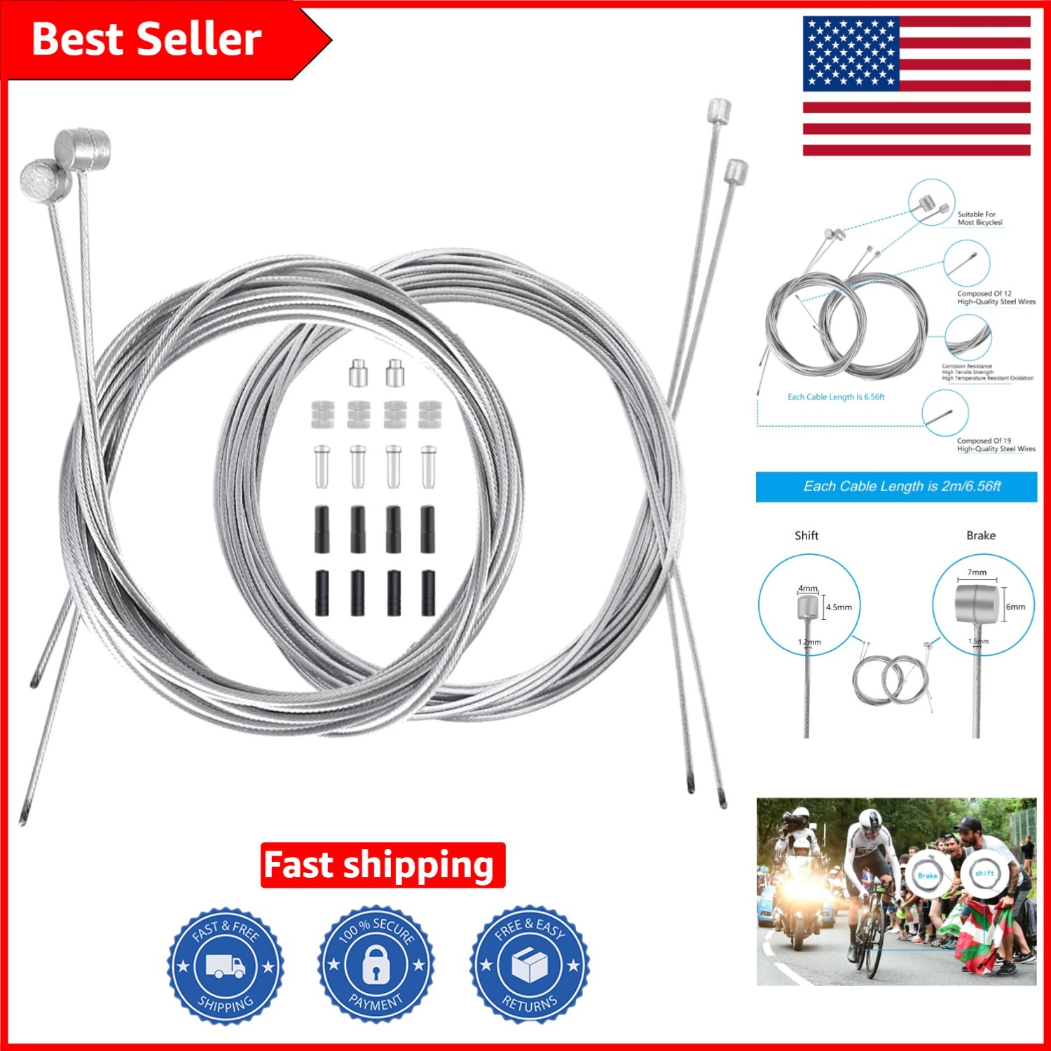 Complete 18 PCS Bike Brake/Shift Cable Set in Durable Stainless Steel and Alloy