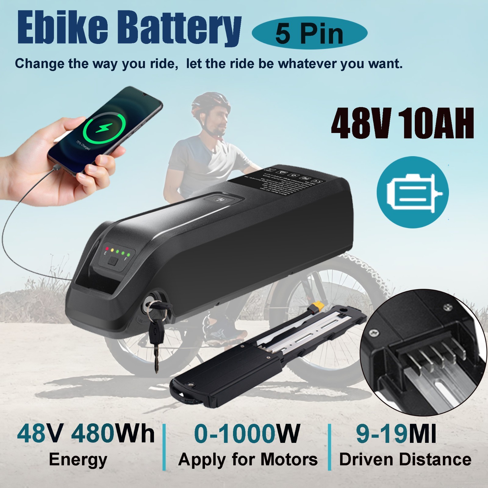 UUG 48V 10AH Lithium Ebike Battery, 5Pin Equipped with 30A BMS Electric Bicycle