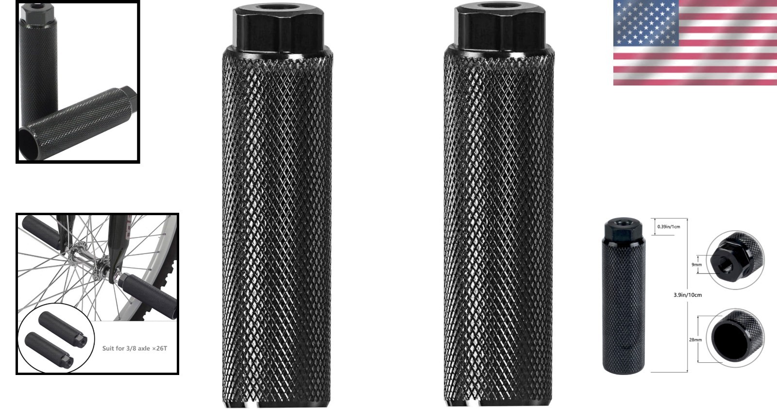 2PC Black Aluminum Alloy Bike Pegs for 3/8 inch Axles – Anti-Skid Stunt Support