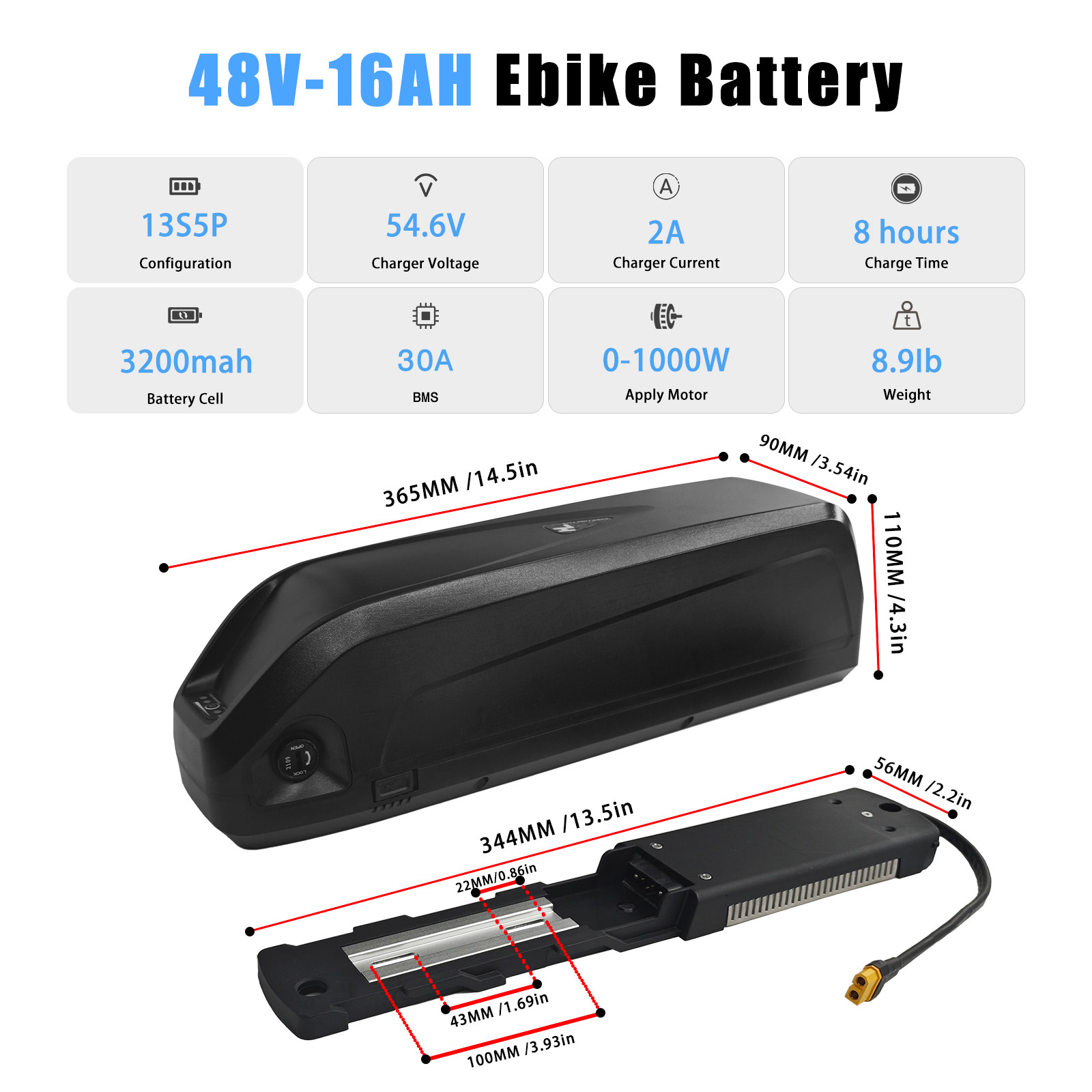48 Volt Battery 48V 10Ah 16Ah 20Ah Battery for E le ctirc B ike, 5-Pin Connector