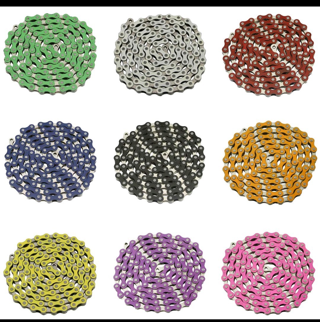 SINGLE SPEED BICYCLE CHAIN RED &CHROME 1/2″X1/8″X 112,CRUISER,BMX(most colors)