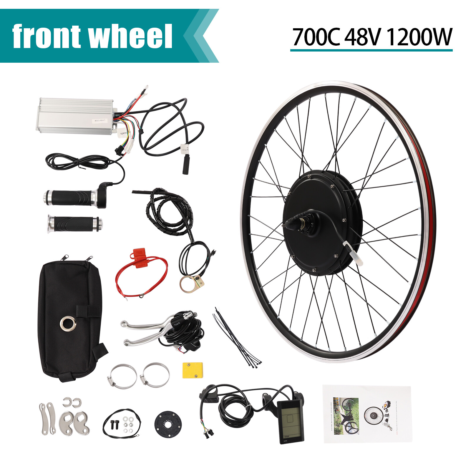 1200W 48V 700c E Bike Motor Hub LCD Front Wheel Electric Bicycle Conversion Kit