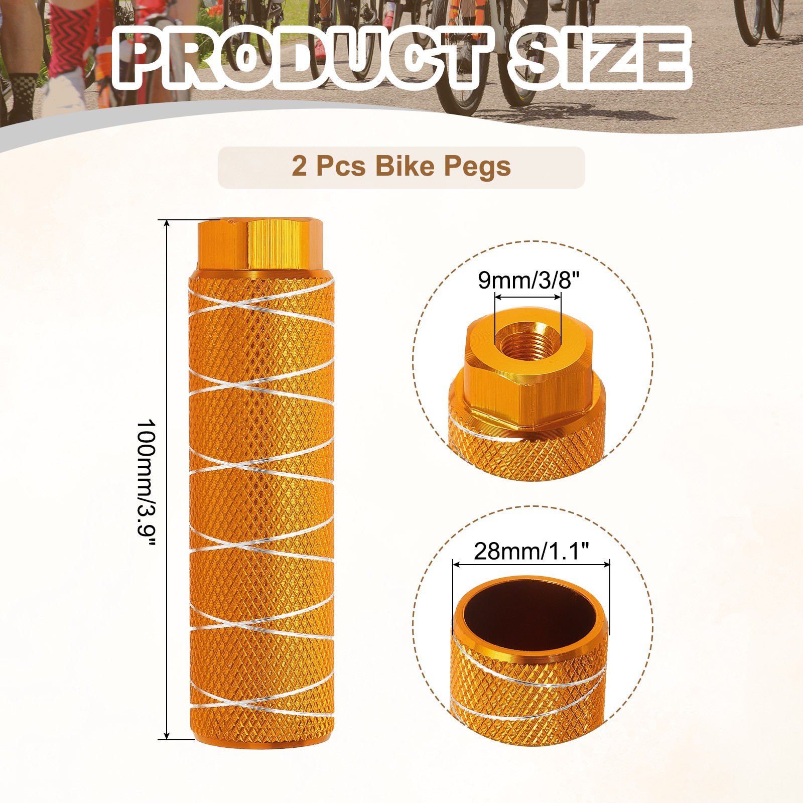 2 Pack Aluminum Alloy Bike Pegs Anti-Skid Fit 3/8 Inch with Thin Line Orange