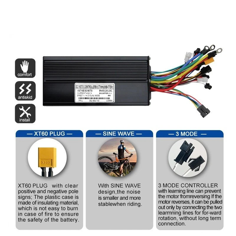 3-model Controller E-bike 40A 48V/52V/60V/72V 1000W-2000W motor Sine-wave.