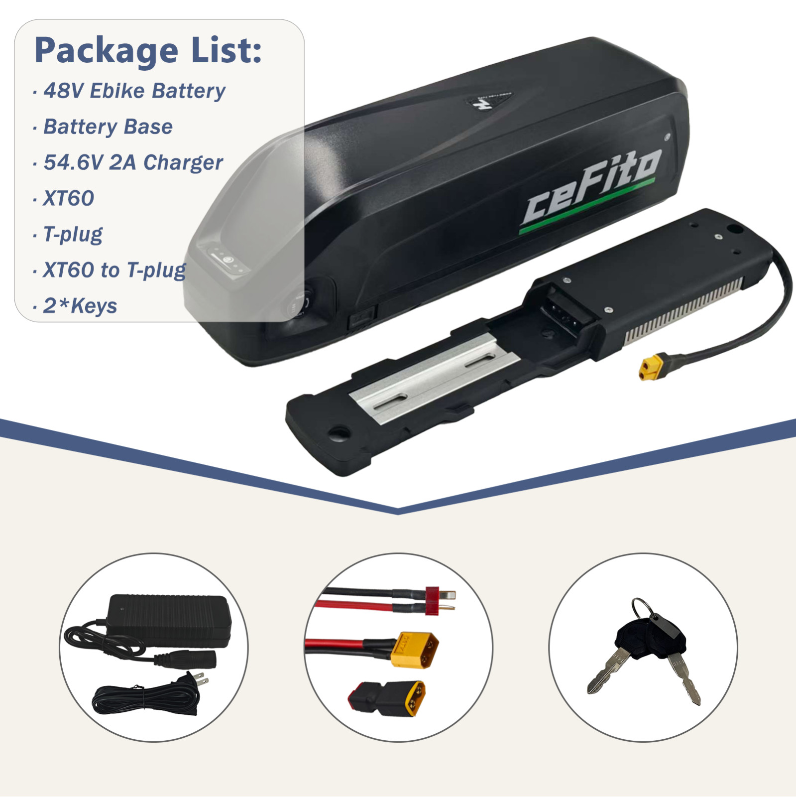 48V 10Ah 16Ah 20Ah Battery with 30A BMS, 5-Pin Base Connector, 2A Charger