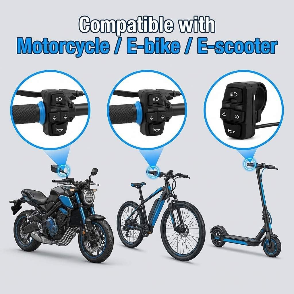 3-In-1 Motorcycle Headlight Horn Turn Switch for 7/8” Handlebar E-Bike ATV