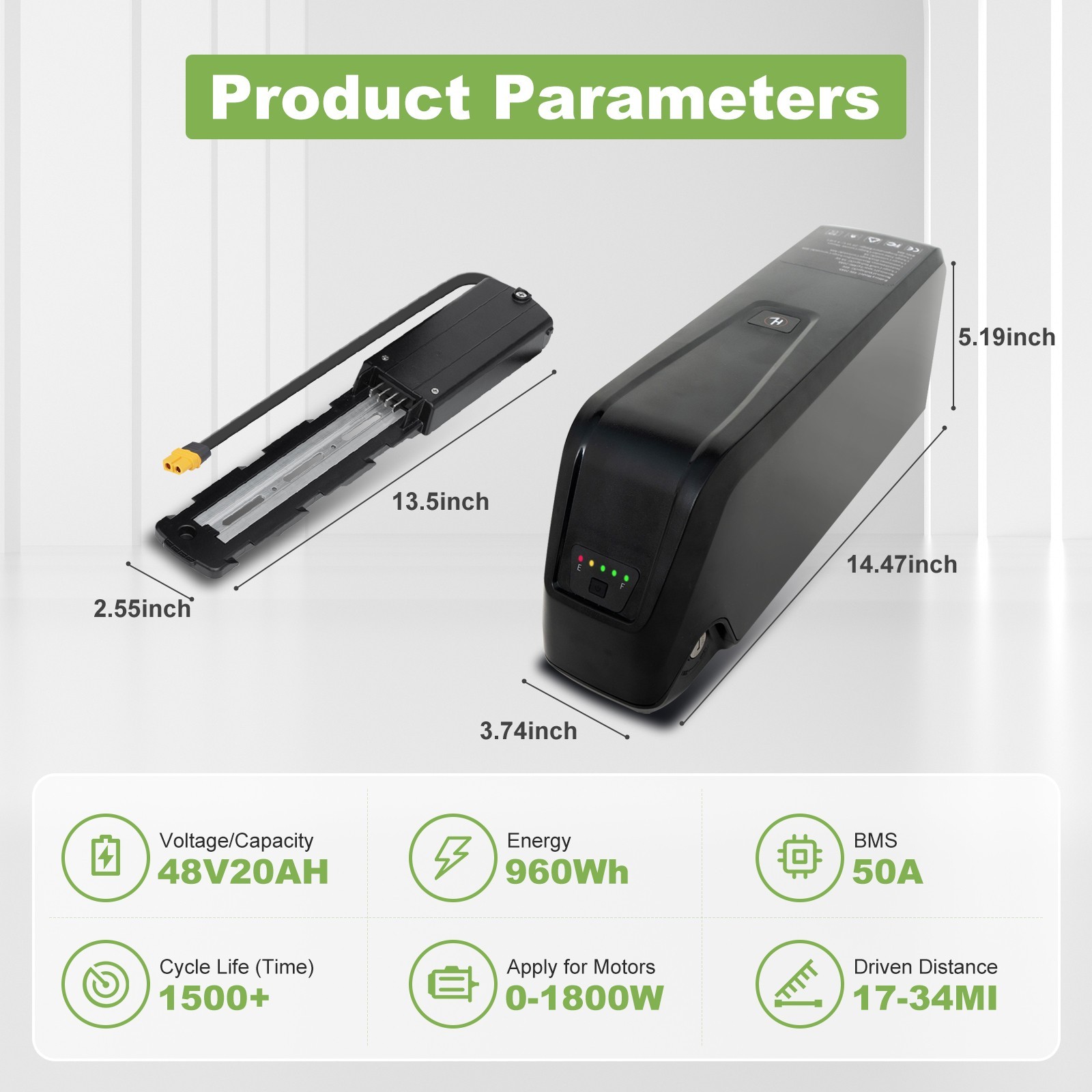 48V Ebike Battery 10Ah/15Ah/20Ah Hailong Lithium Battery 0 to 1500W Motors