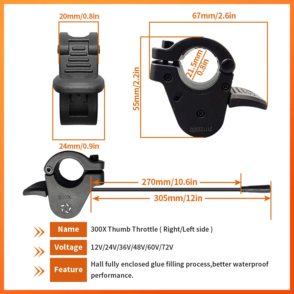 E-bike Thumb Throttle 300X 3PIN for 12V 24V 36V 48V 60V 72V Electric Bicycle