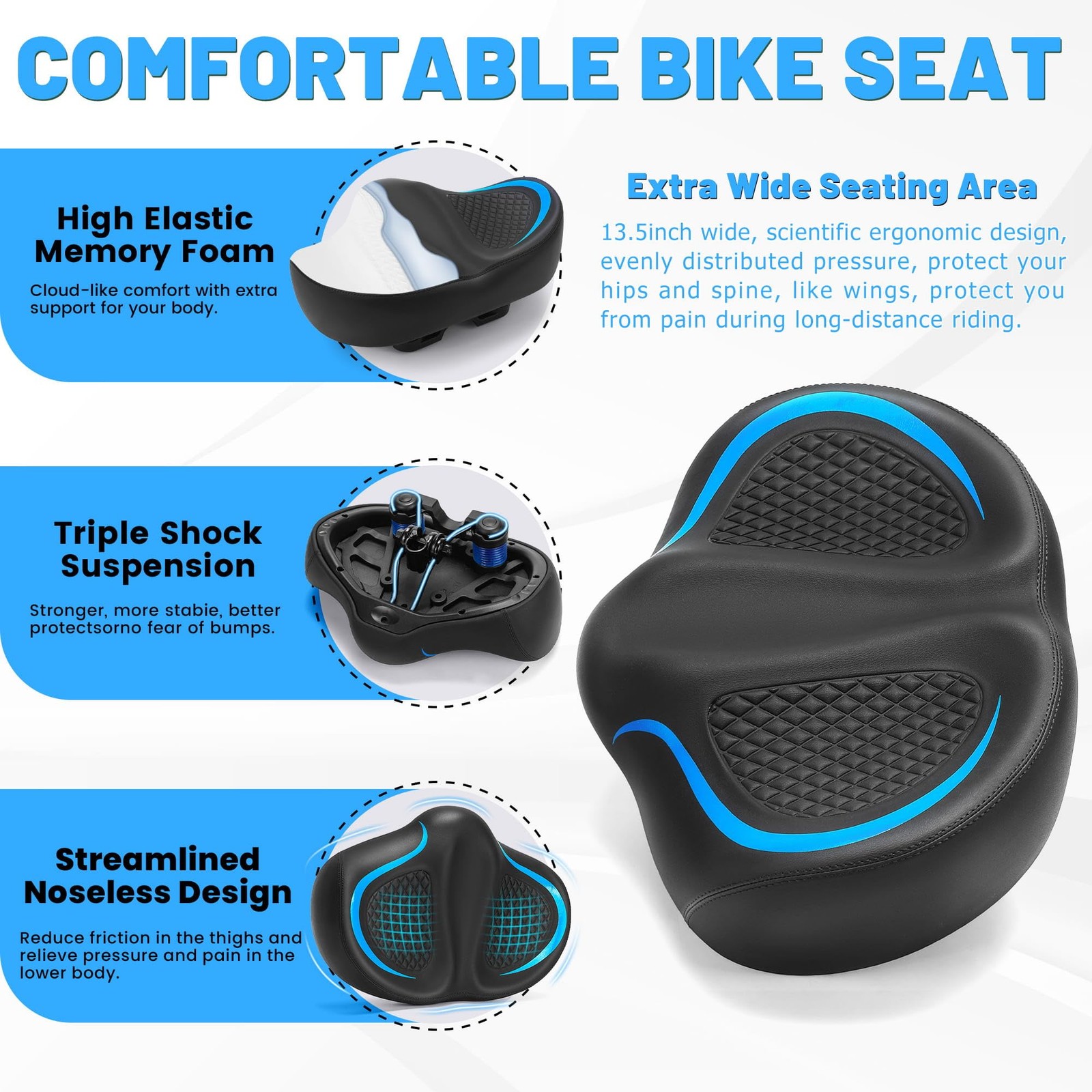 CDYWD New Noseless Bike Seat for Men Women Comfort, Extra Wide X-Large, Blue