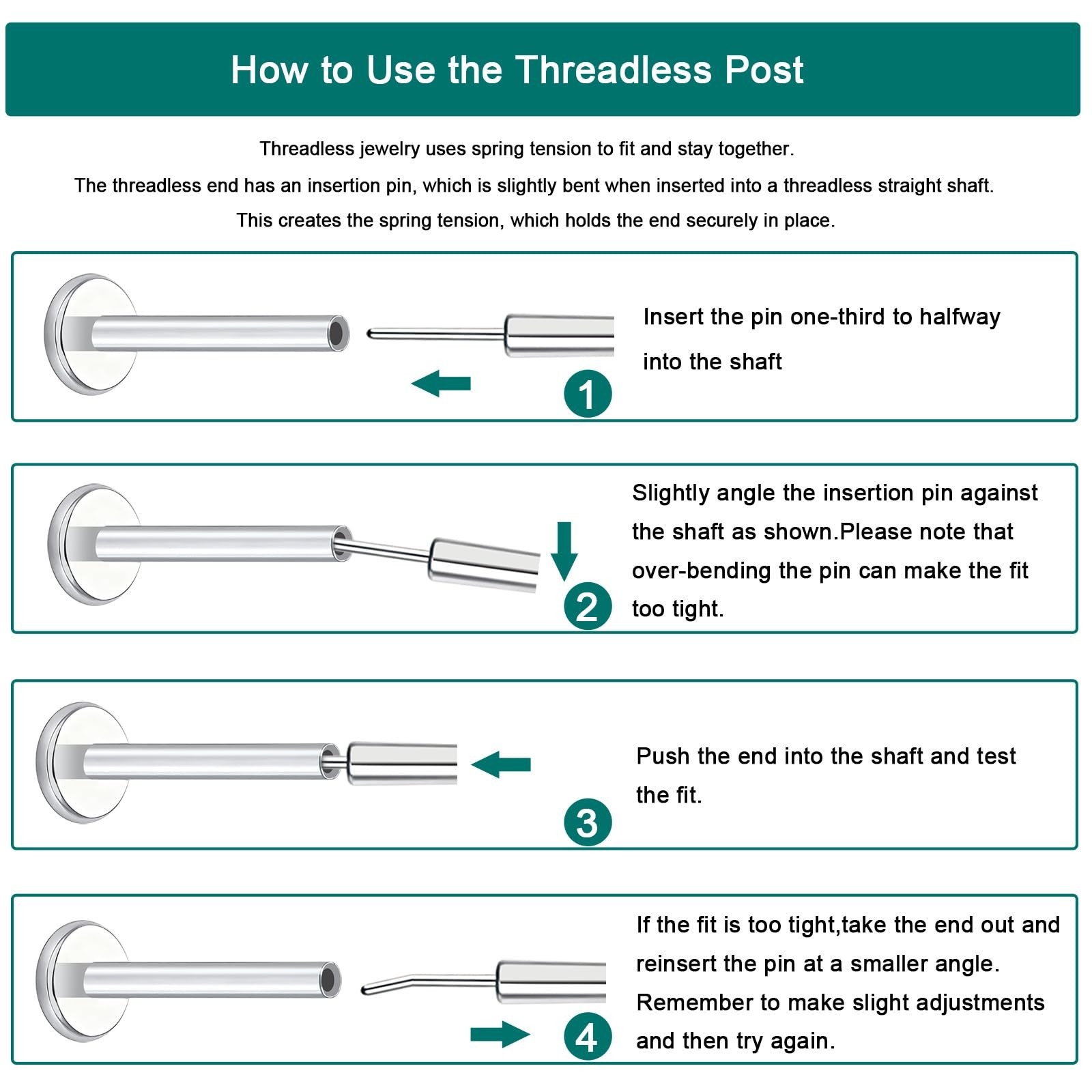 16G Threadless Flat Back Post, 5mm Threadless Post, Titanium Labret Bar Repla…