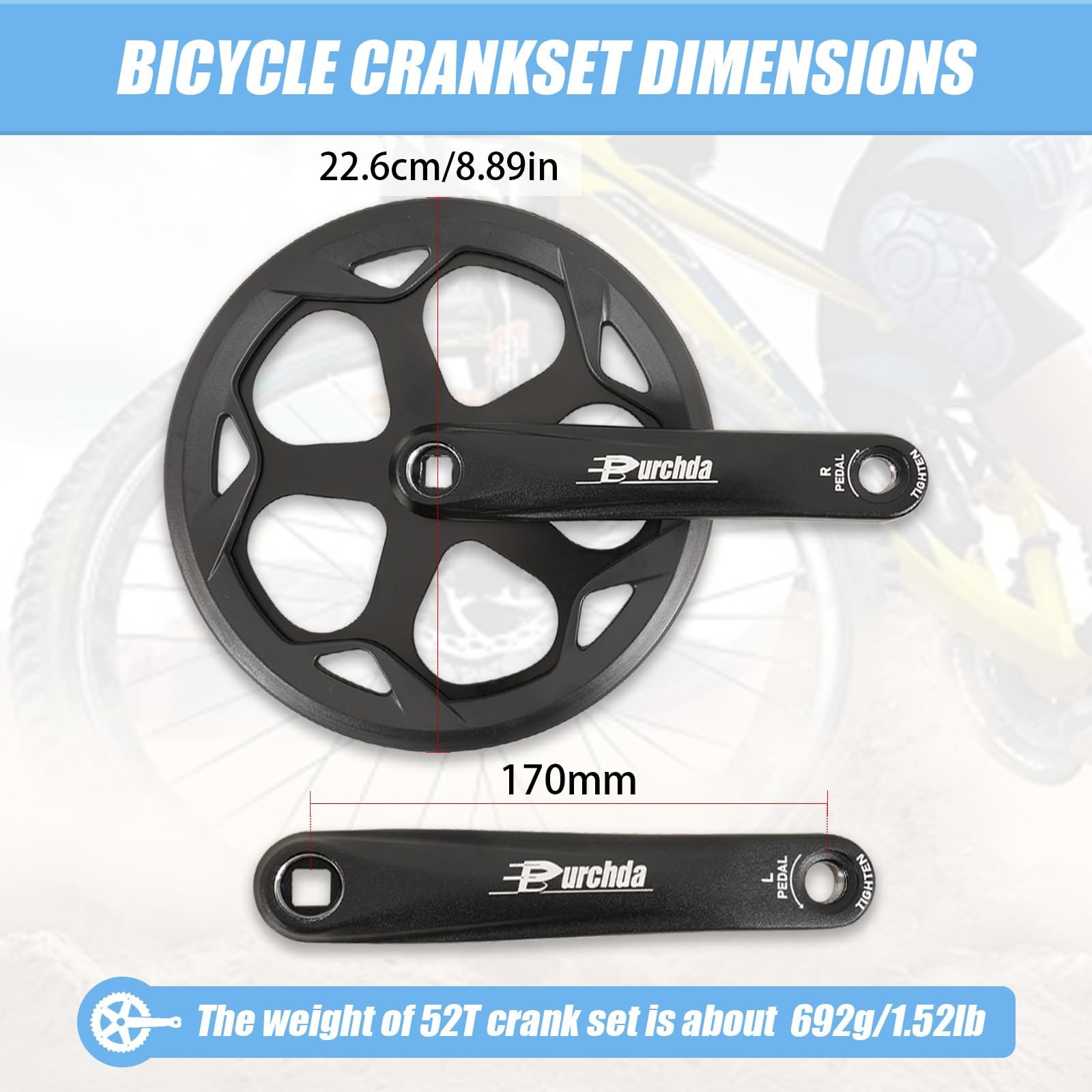 Bike Crankset for Ebike: 52T Universal Set Double 52T, Black