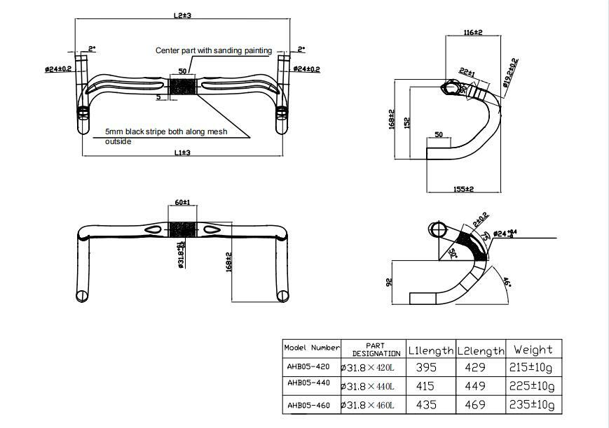 AideTek Road Bike Full Carbon Handlebar 31.8mm AHB05 460mm/440mm/420mm Black USA