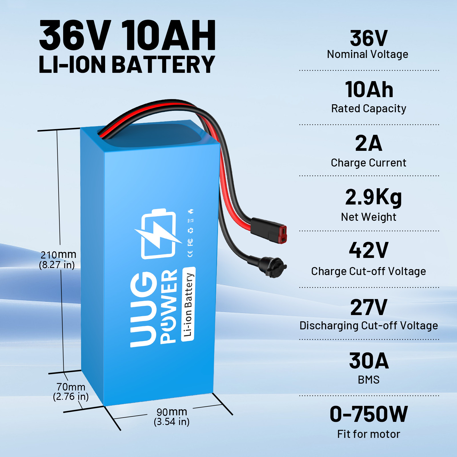 UUG 36V 10Ah Lithium Ebike Battery Pack f o 100W-1000W Bicycle Motor 30A BMS