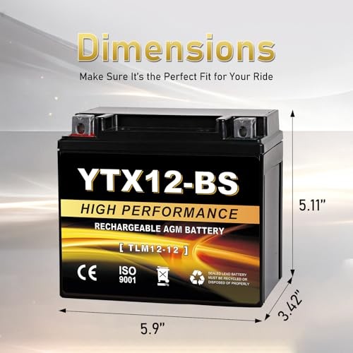 YTX12-BS 12V 10Ah AGM Sealed Motorcycle Battery, Maintenance-Free, YTX-12 Black