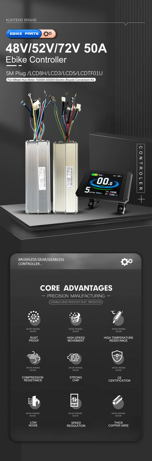 KT Ebike Controller 48V/52V/72V 50A with Color LCD3 LCD8YU Display for E-Scooter