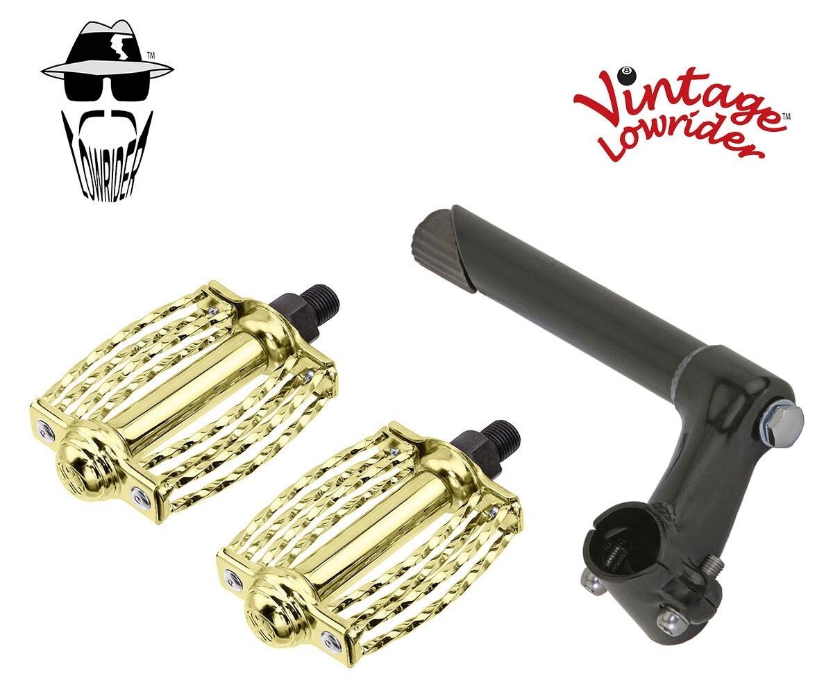Vtg Stem 2-Screw 22.2 Black & Pedals Round Triple Square Twisted 1/2″ Gold