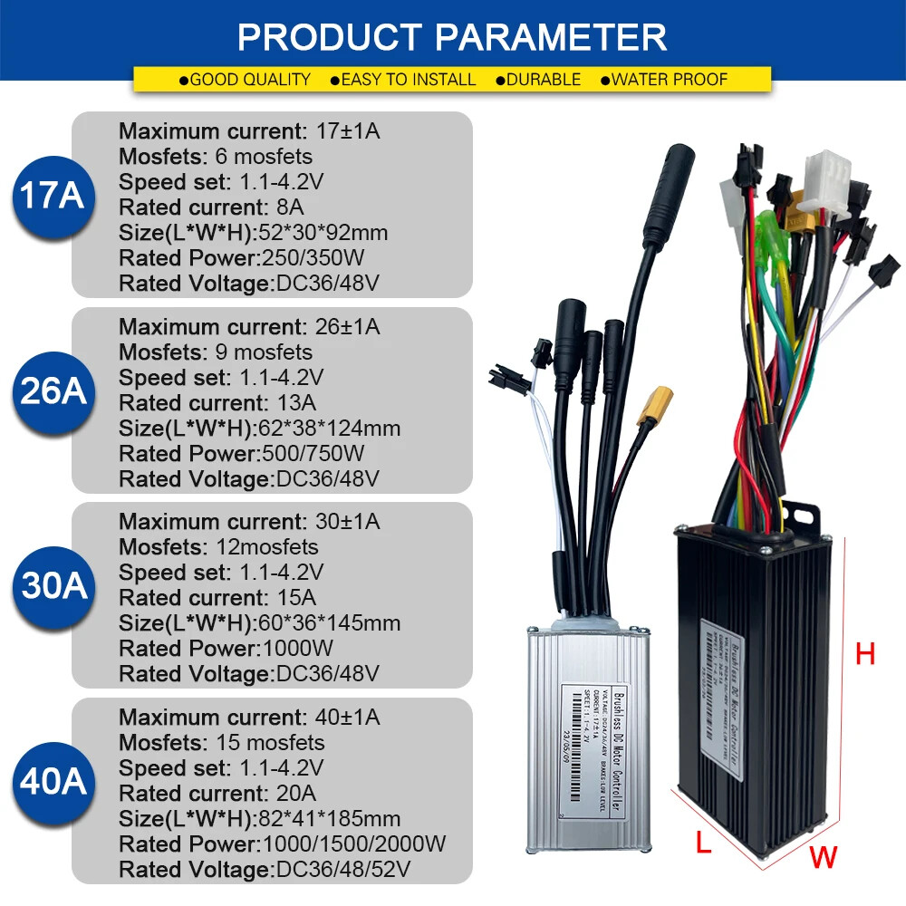 E-bike 3-mode Sine Wave 36V 48V 17A/26A/30A/40A Brushless Motor Controller Kits