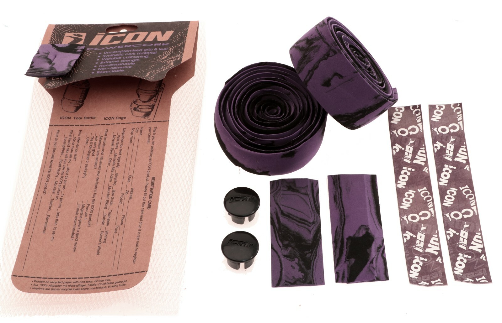 Icon Powercork Bicycle Cork Bar Tape Purple/Black Marble Non-Adhesive NEW NOS