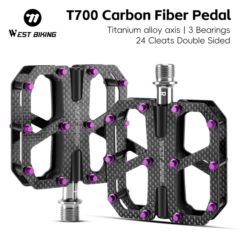 WEST BIKING Carbon Fiber Road Bike Pedals 3 Bearings Titanium Axis Pedals Purple