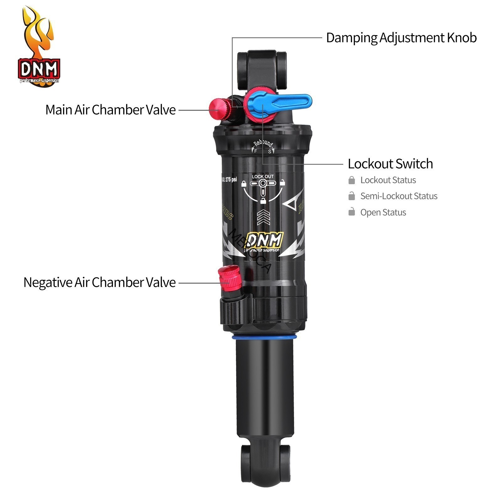 DNM AO-39RC Dual Air Shock Mountain Bike Rear Shock 3-Step Lockout 165/190/200mm