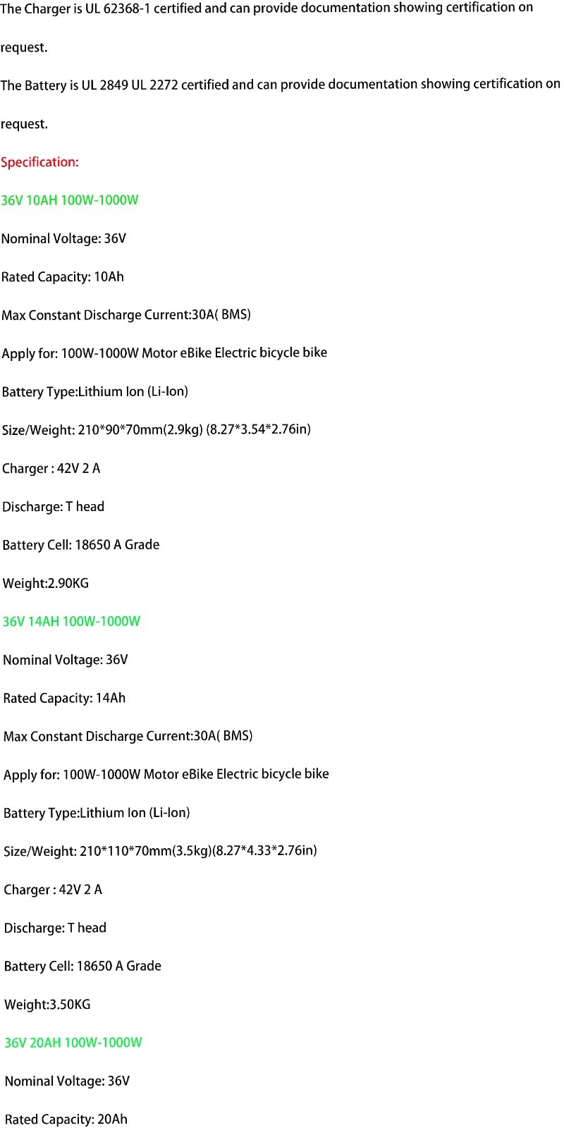 36V 48V 52V 60V 72V Lithium Ebike Battery for ≤3600W Electric Bike Bike Scooter