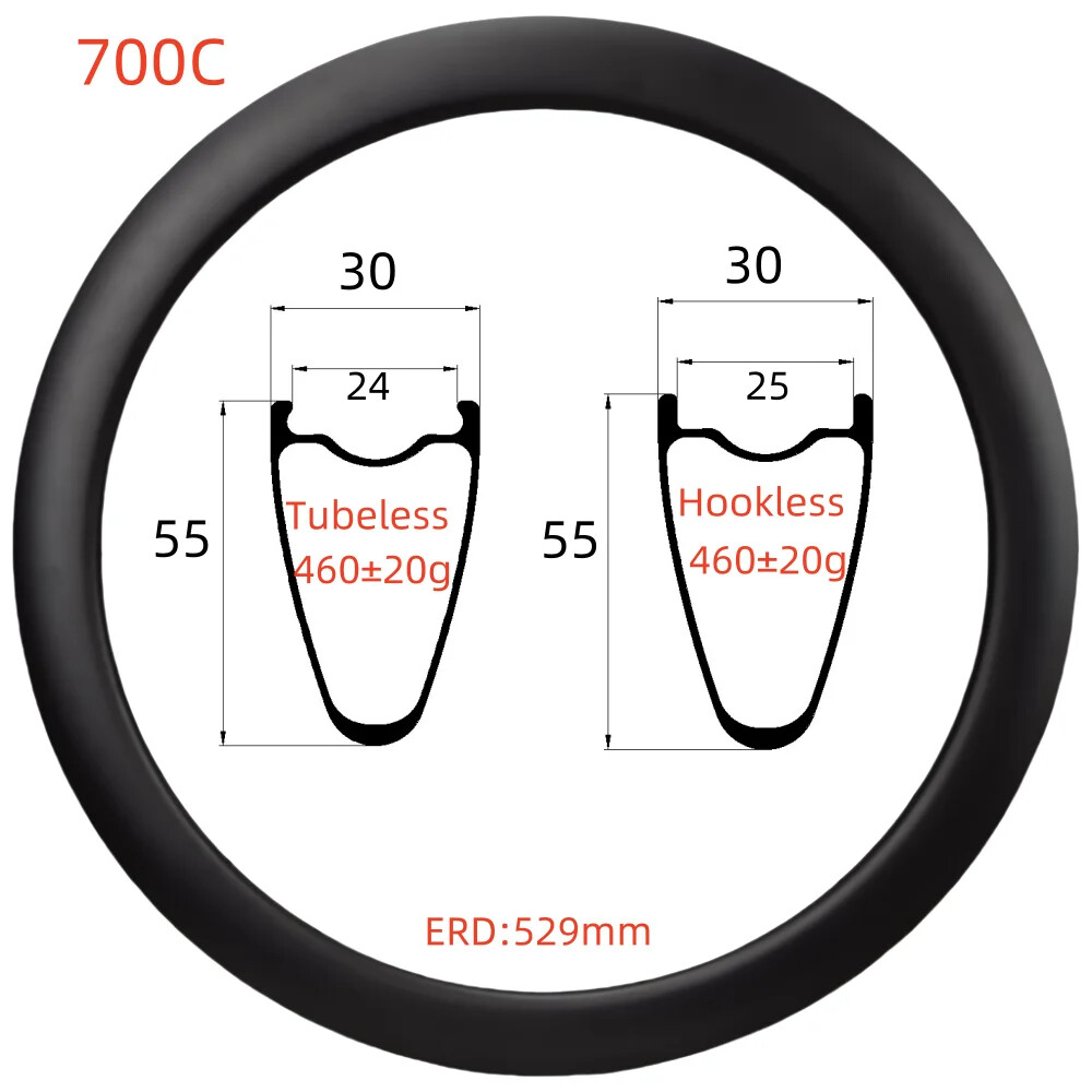 700C Super Light Carbon Rims 30mm Wide 55mm Depth Tubeless/Hookless 24 28 Holes
