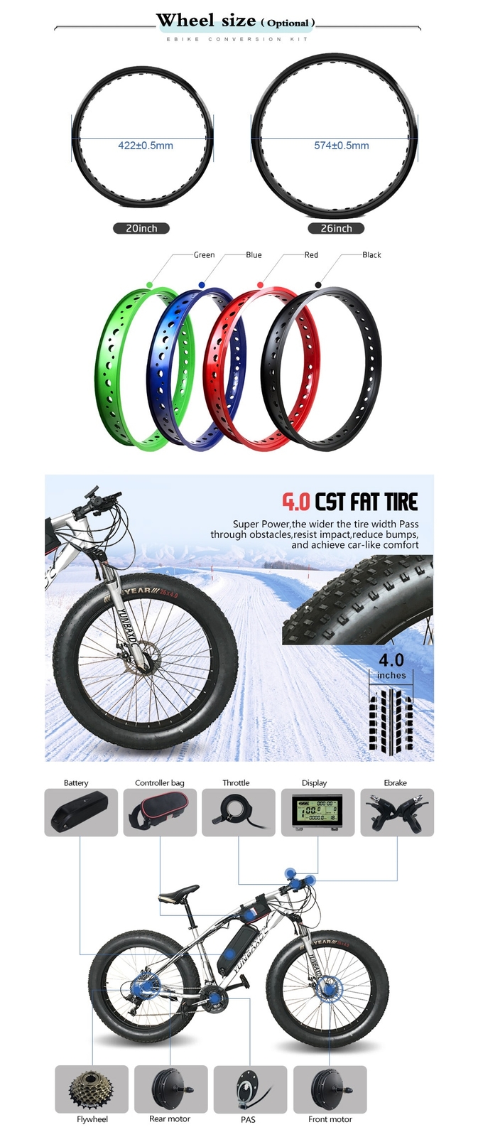 20/26*4.0inch Snow Bike E-bike Conversion Kit 36V 48V 500W Rear Rotate Hub Motor