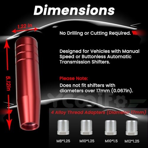 Long Shift Knob, 5.12″ Lightweight Car Gear Shifter 5.12“-(4 Adapters)-Red