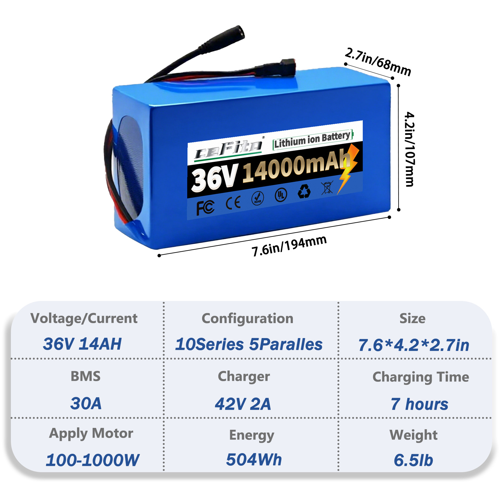 36V 14Ah Lithium Battery, with 30A BMS, DC2.5 Charger Port, 7.6*4.2*2.7inch